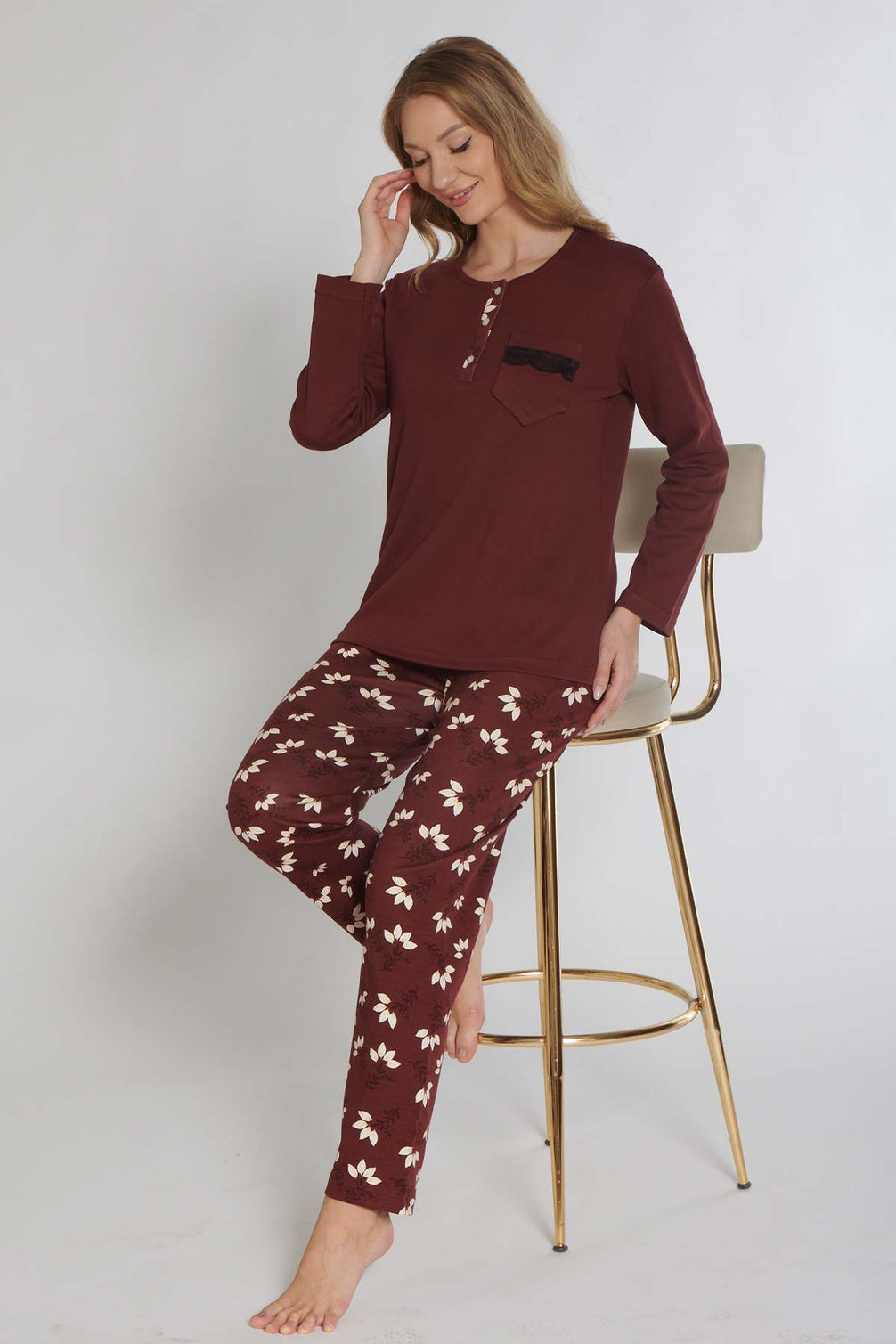 Pınarca Kadın Pijama Takımı Uzun Kollu Düğmeli İnterlok Cep Dantel Detaylı