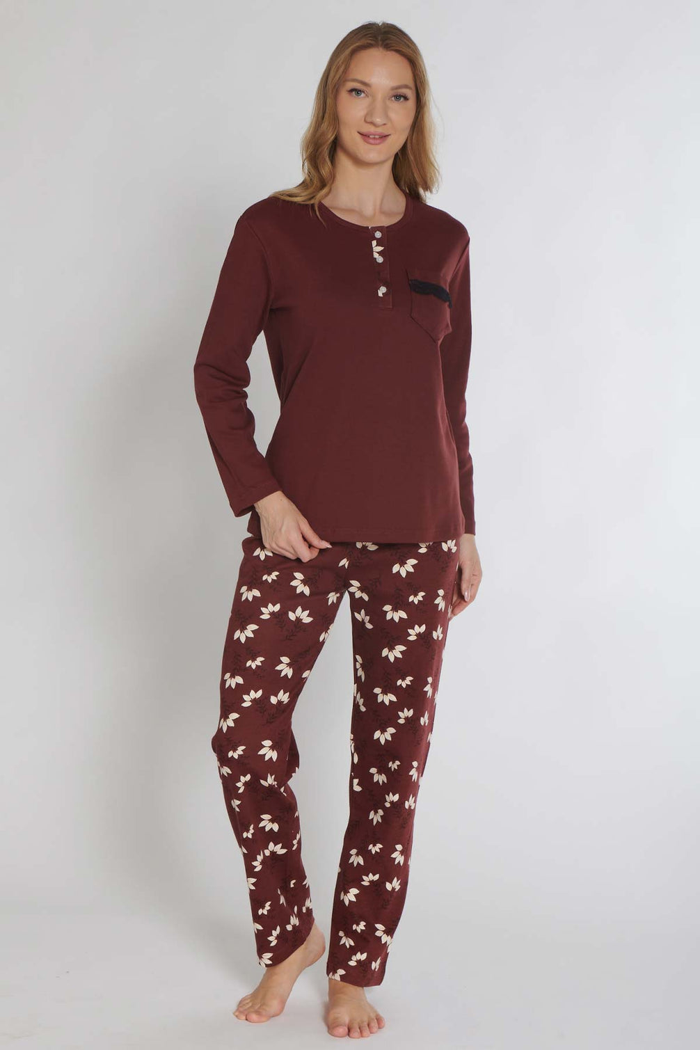 Pınarca Kadın Pijama Takımı Uzun Kollu Düğmeli İnterlok Cep Dantel Detaylı