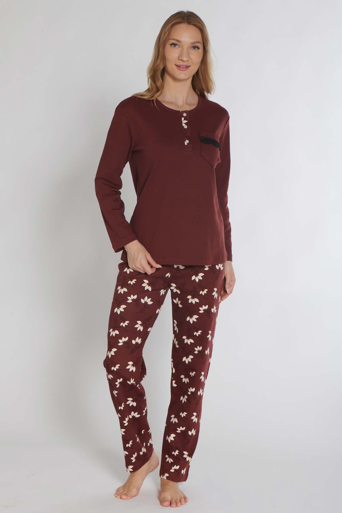 Pınarca Kadın Pijama Takımı Uzun Kollu Düğmeli İnterlok Cep Dantel Detaylı