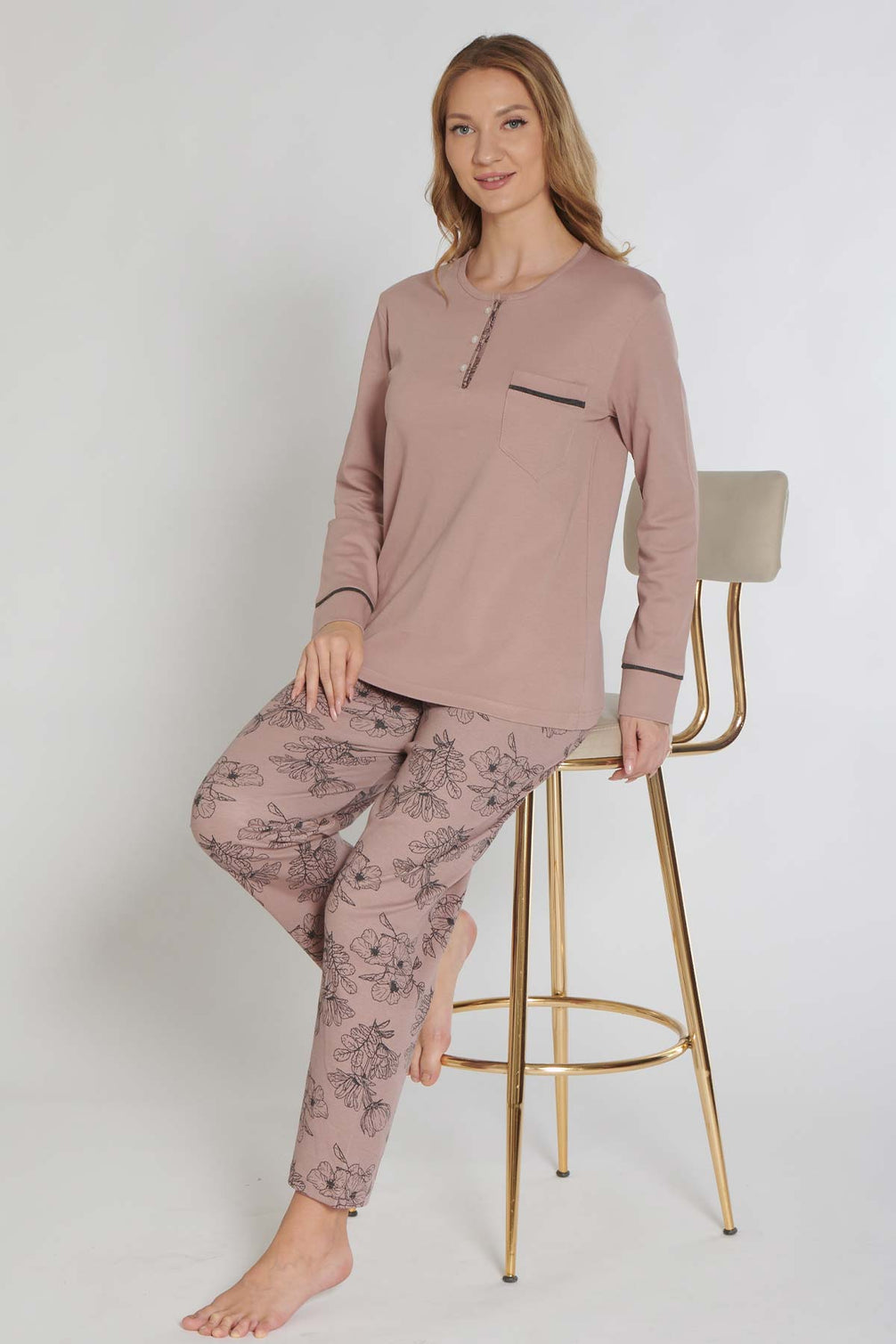 Pınarca Kadın Pijama Takımı Uzun Kollu Düğmeli İnterlok Cep Kol Biyeli
