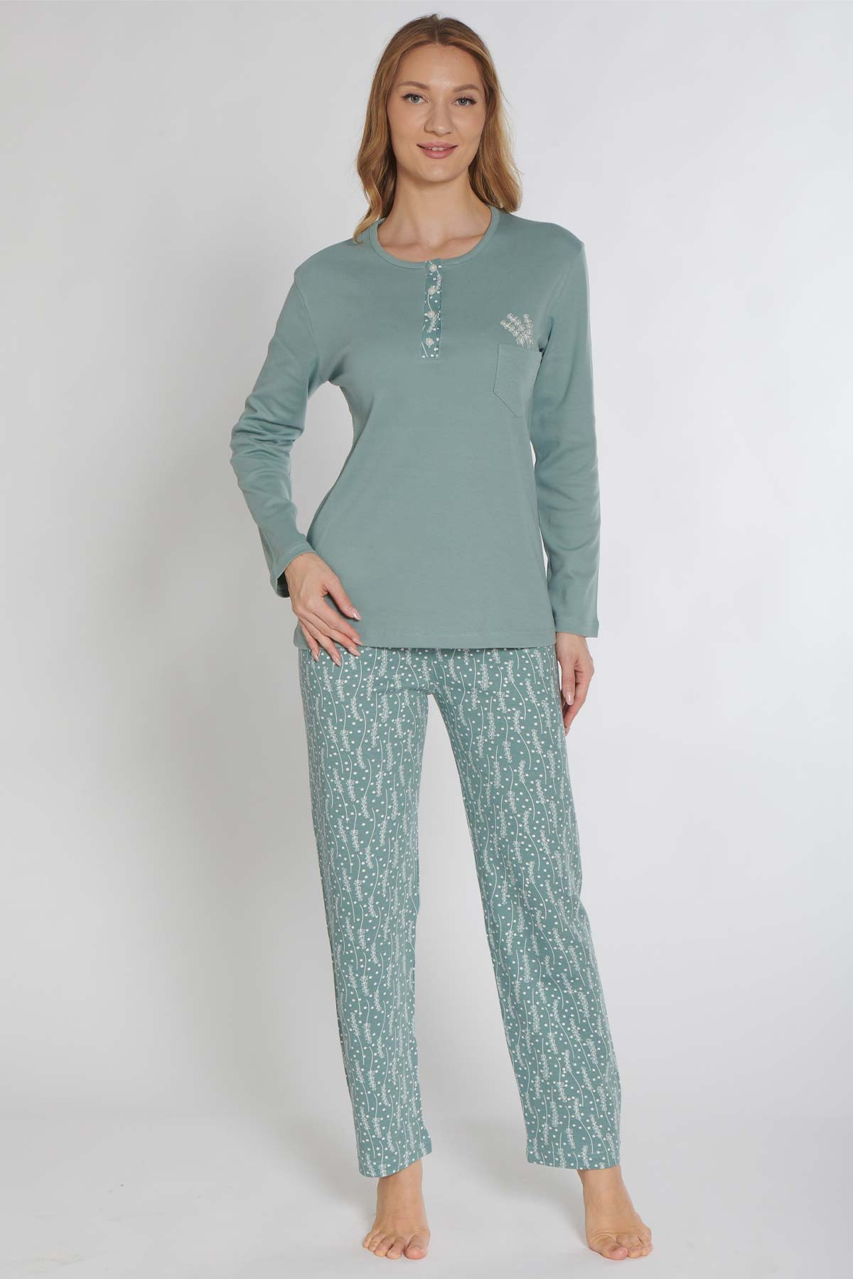Pınarca Kadın Pijama Takımı Uzun Kollu Düğmeli İnterlok Desenli