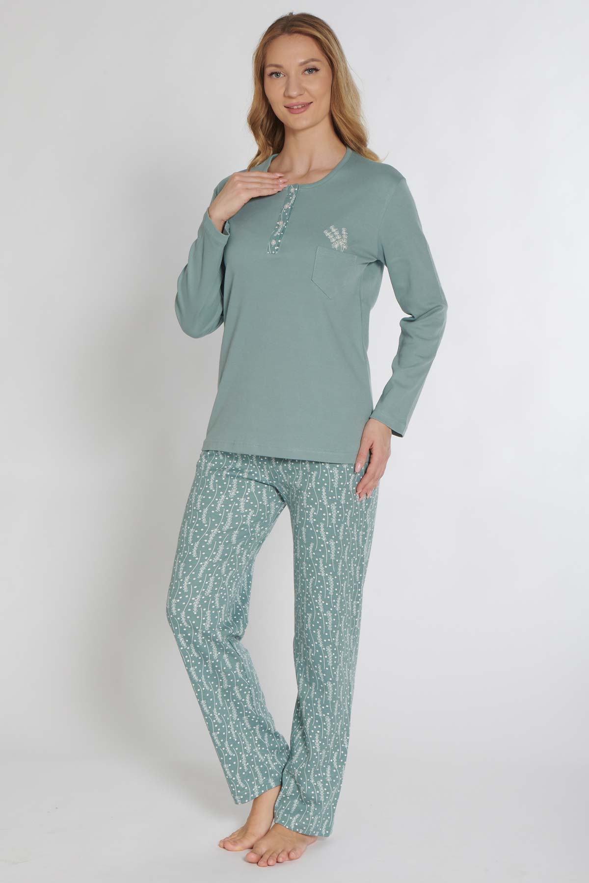 Pınarca Kadın Pijama Takımı Uzun Kollu Düğmeli İnterlok Desenli