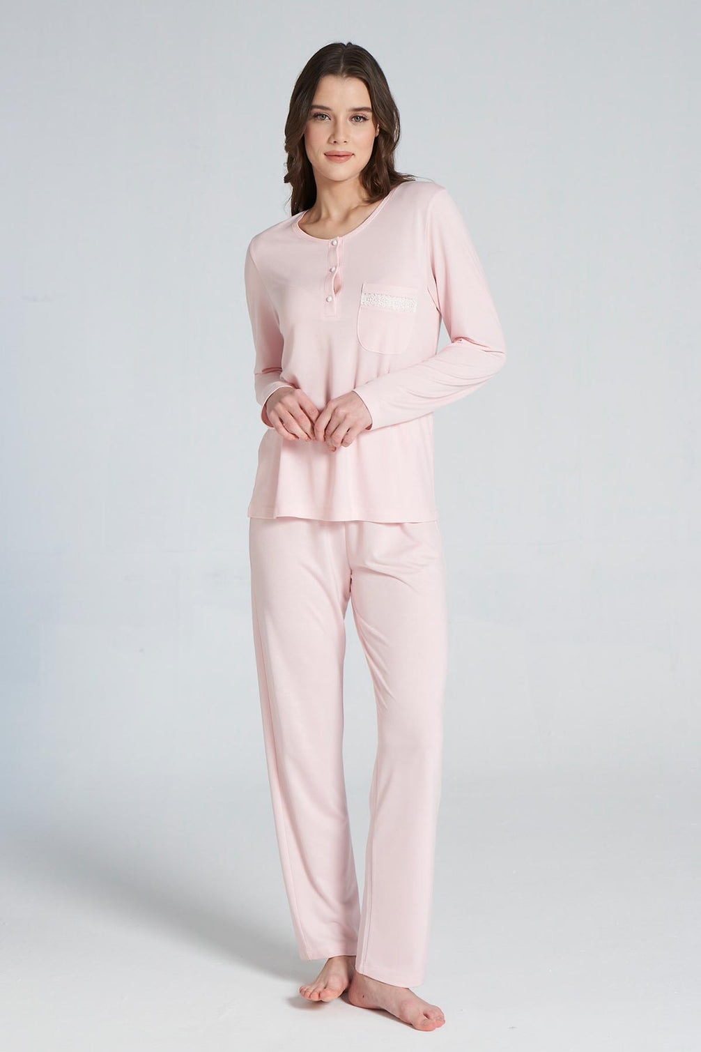 Pınarca Kadın Pijama Takımı Uzun Kollu Düğmeli Pamuklu