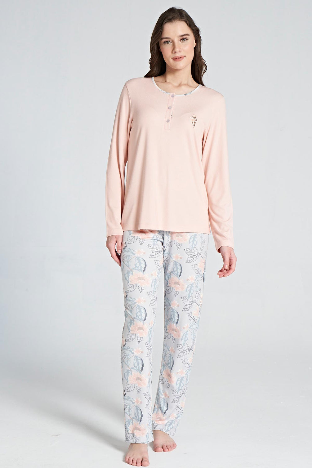 Pınarca Kadın Pijama Takımi Uzun Kollu Düğmeli Pamuklu