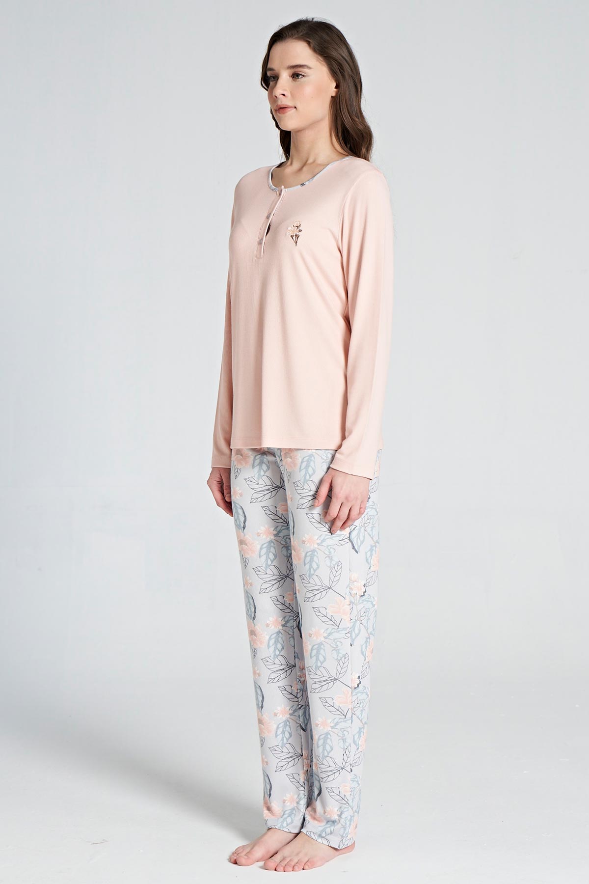 Pınarca Kadın Pijama Takımi Uzun Kollu Düğmeli Pamuklu