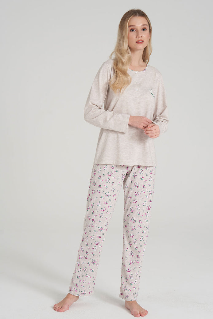Pınarca Kadın Pijama Takımi Uzun Kollu Düğmeli Pamuklu