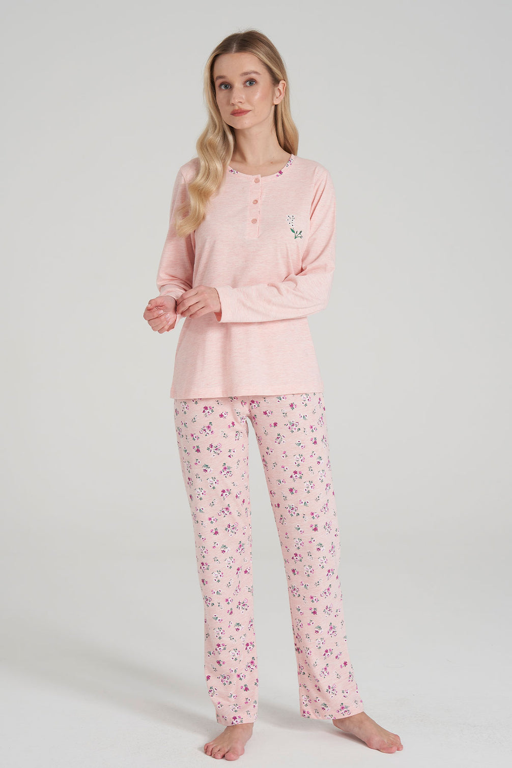 Pınarca Kadın Pijama Takımi Uzun Kollu Düğmeli Pamuklu