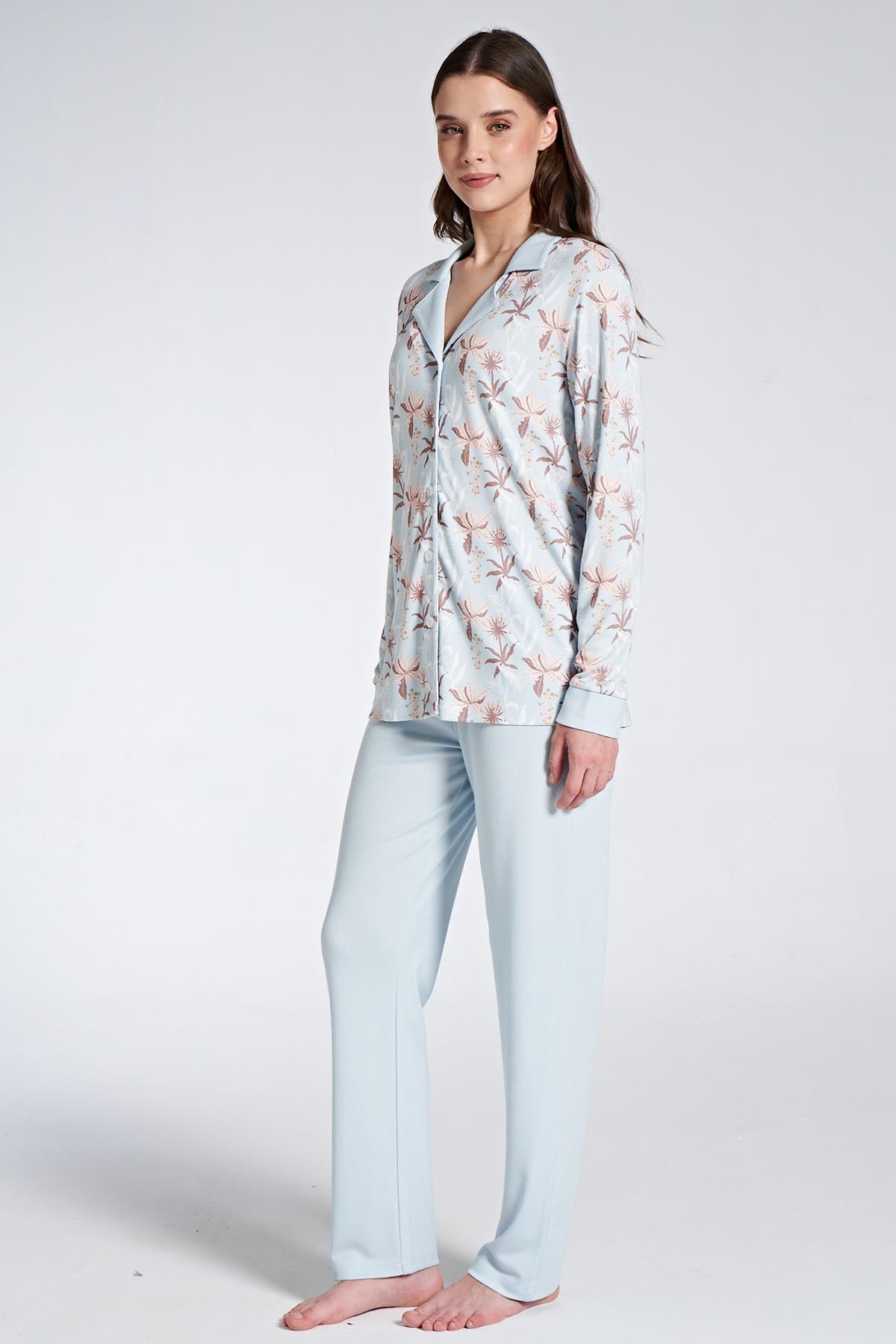 Pınarca Kadın Pijama Takımı Uzun Kollu Gömlek Yaka Çiçek Desenli