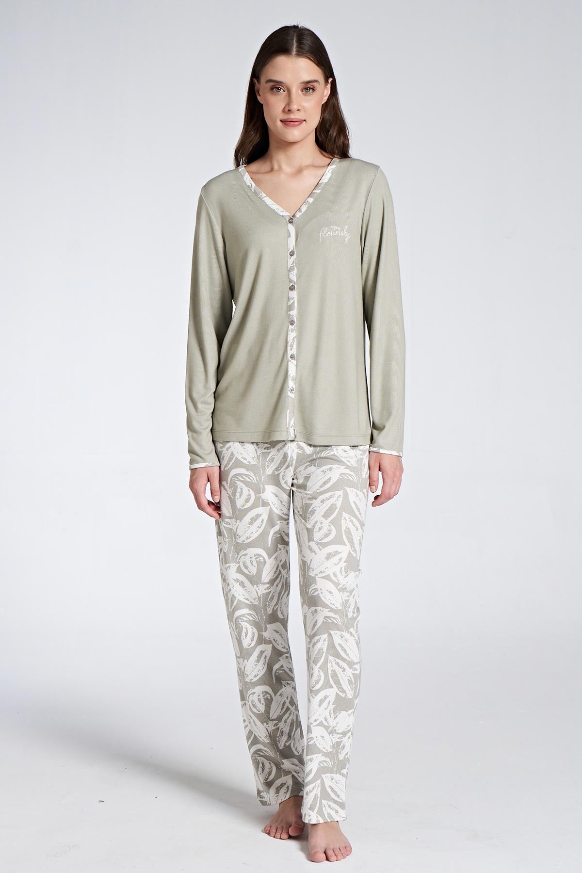Pınarca Kadın Pijama Takımı Uzun Kollu Gömlek Yaka Çiçek Desenli