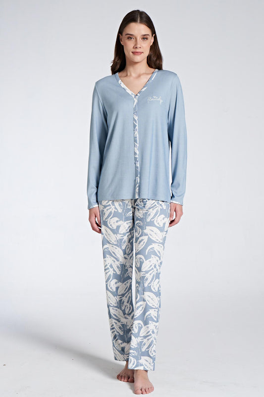 Pınarca Kadın Pijama Takımı Uzun Kollu Gömlek Yaka Çiçek Desenli