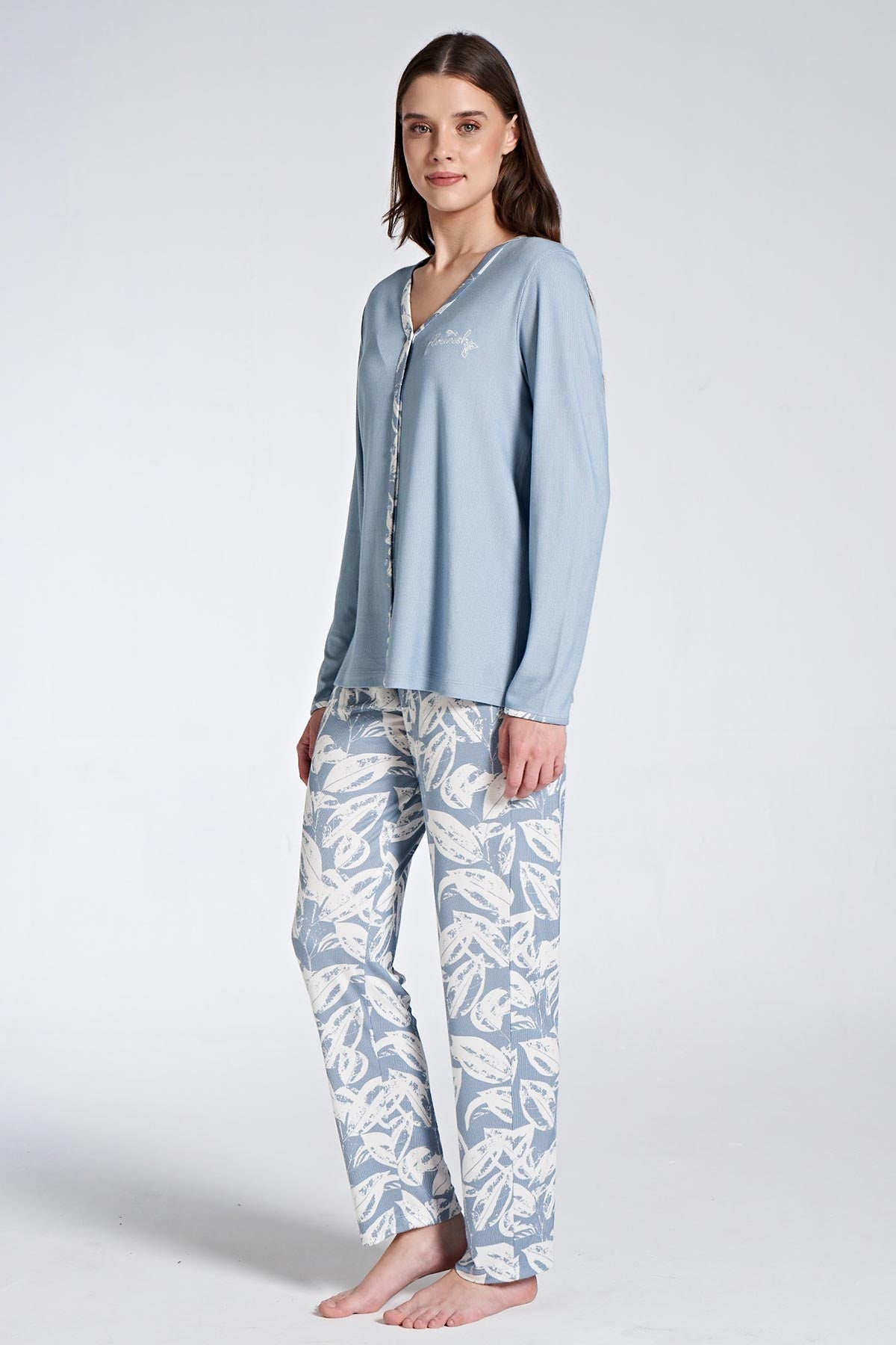 Pınarca Kadın Pijama Takımı Uzun Kollu Gömlek Yaka Çiçek Desenli