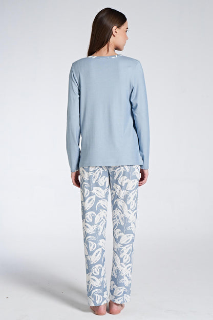 Pınarca Kadın Pijama Takımı Uzun Kollu Gömlek Yaka Çiçek Desenli
