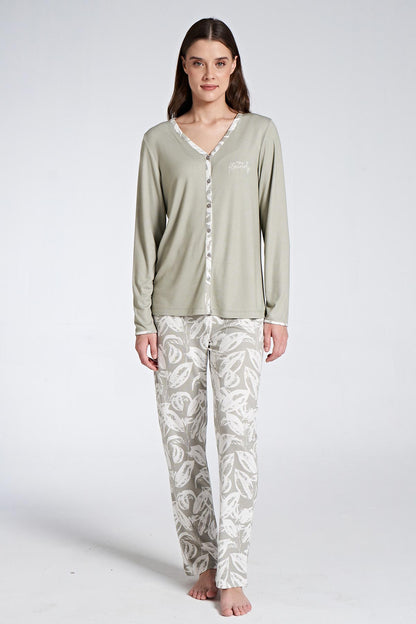 Pınarca Kadın Pijama Takımı Uzun Kollu Gömlek Yaka Çiçek Desenli