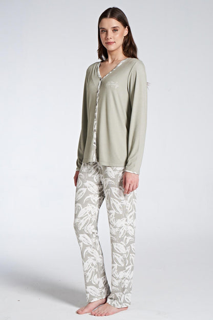 Pınarca Kadın Pijama Takımı Uzun Kollu Gömlek Yaka Çiçek Desenli