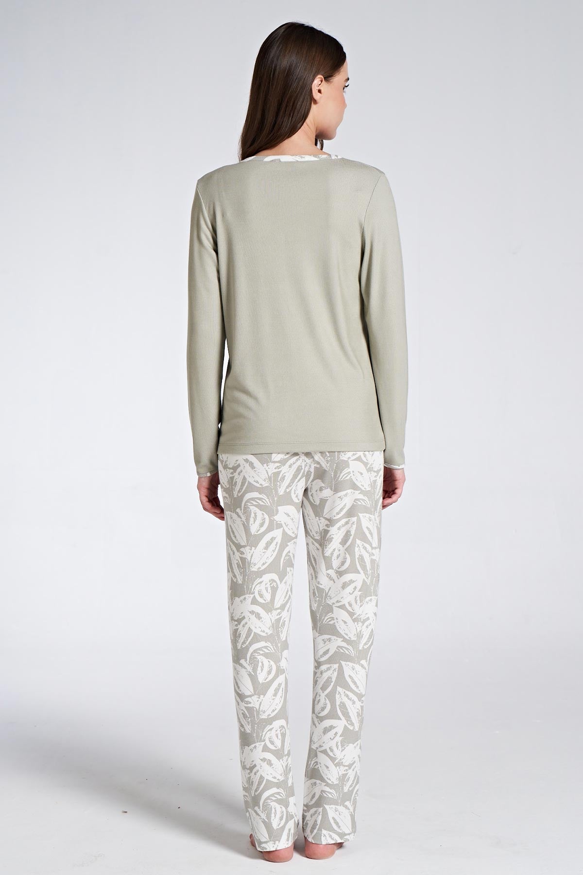 Pınarca Kadın Pijama Takımı Uzun Kollu Gömlek Yaka Çiçek Desenli
