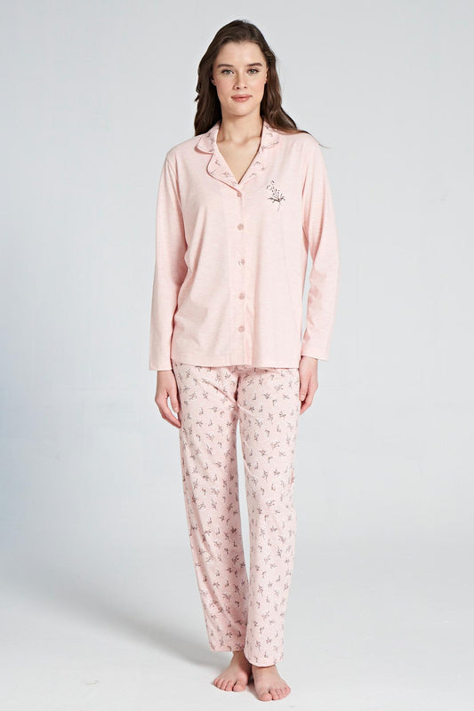 Pınarca Kadın Pijama Takımı Uzun Kollu Gömlek Yaka  Çiçekli