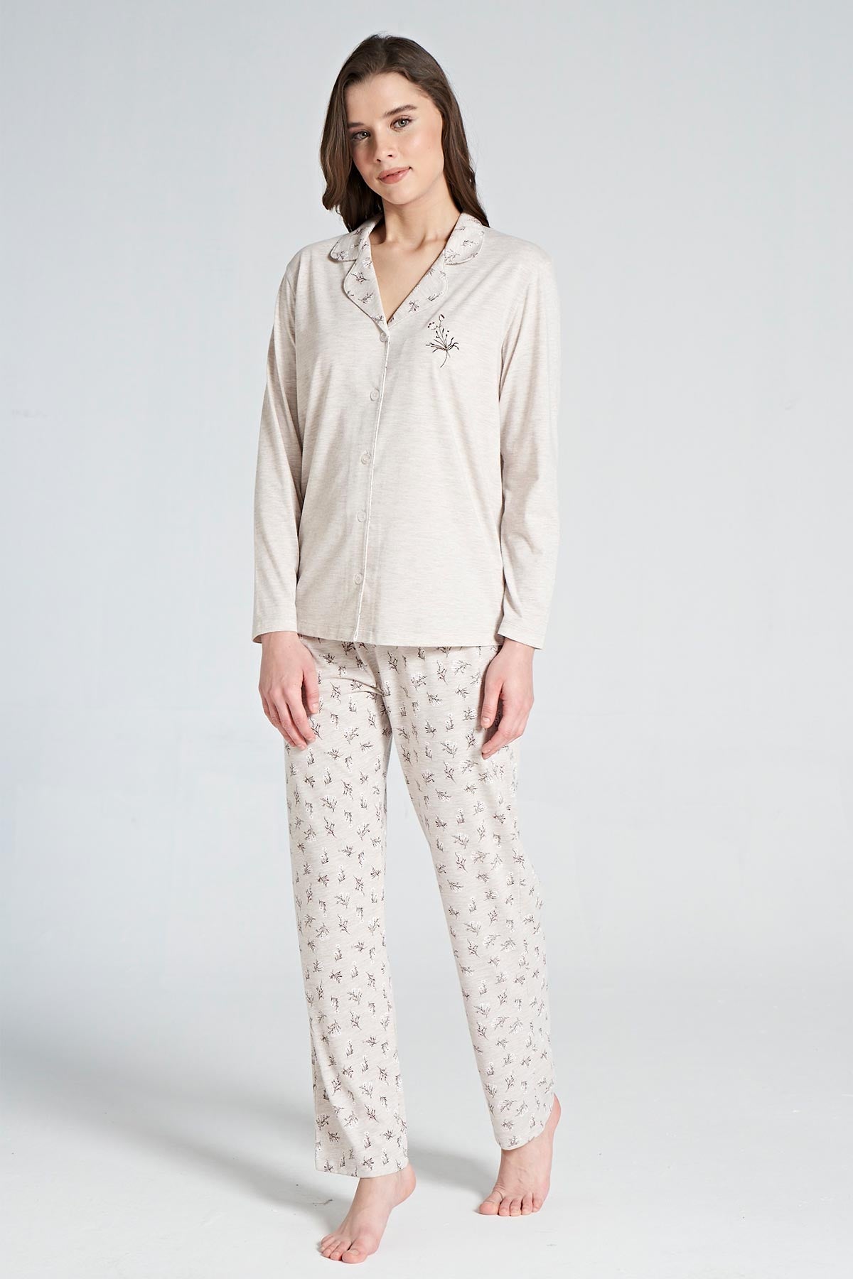 Pınarca Kadın Pijama Takımı Uzun Kollu Gömlek Yaka  Çiçekli