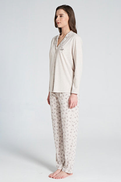 Pınarca Kadın Pijama Takımı Uzun Kollu Gömlek Yaka  Çiçekli