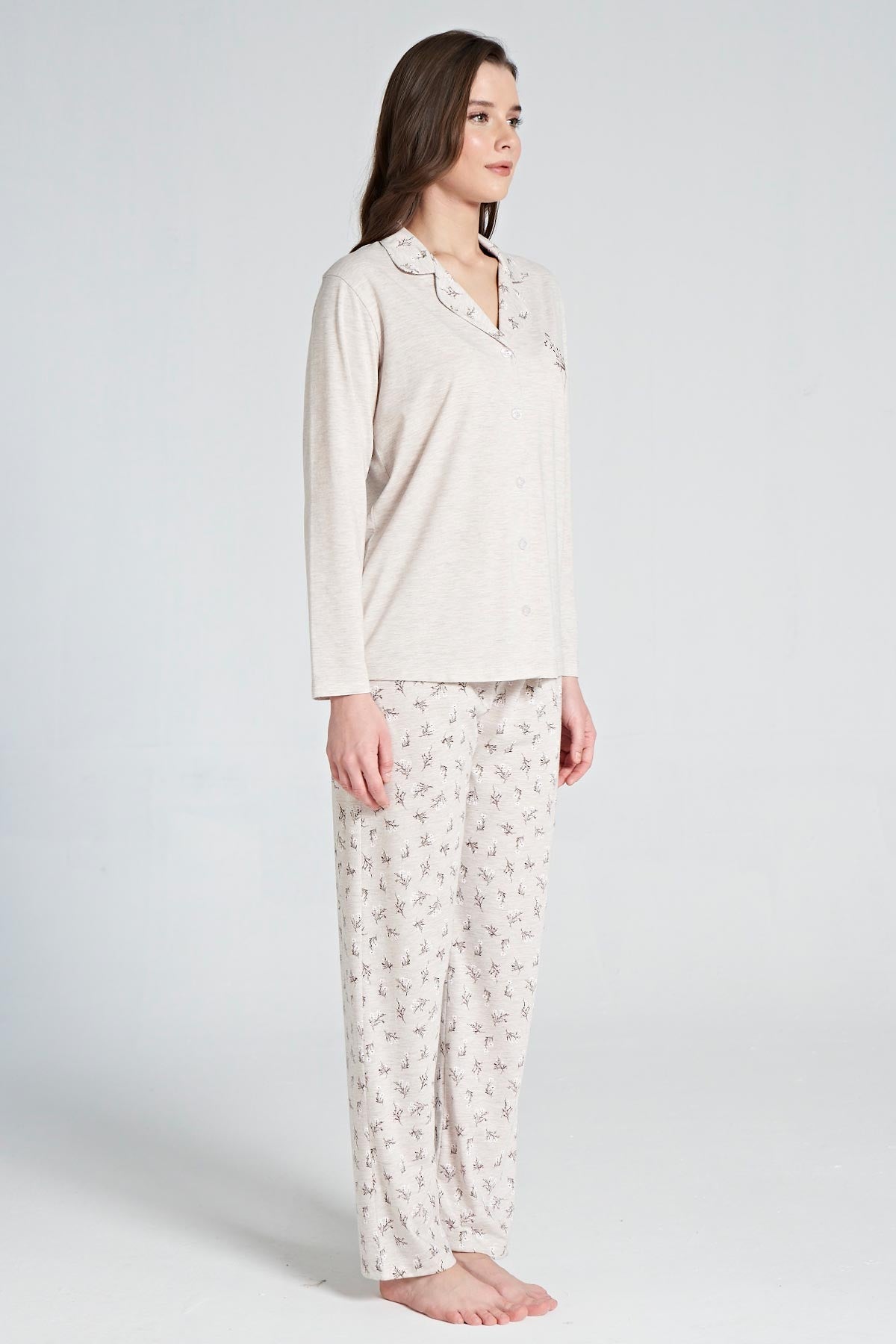 Pınarca Kadın Pijama Takımı Uzun Kollu Gömlek Yaka  Çiçekli