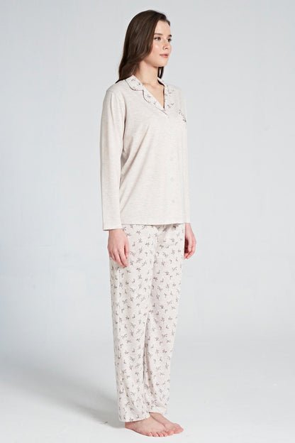 Pınarca Kadın Pijama Takımı Uzun Kollu Gömlek Yaka  Çiçekli