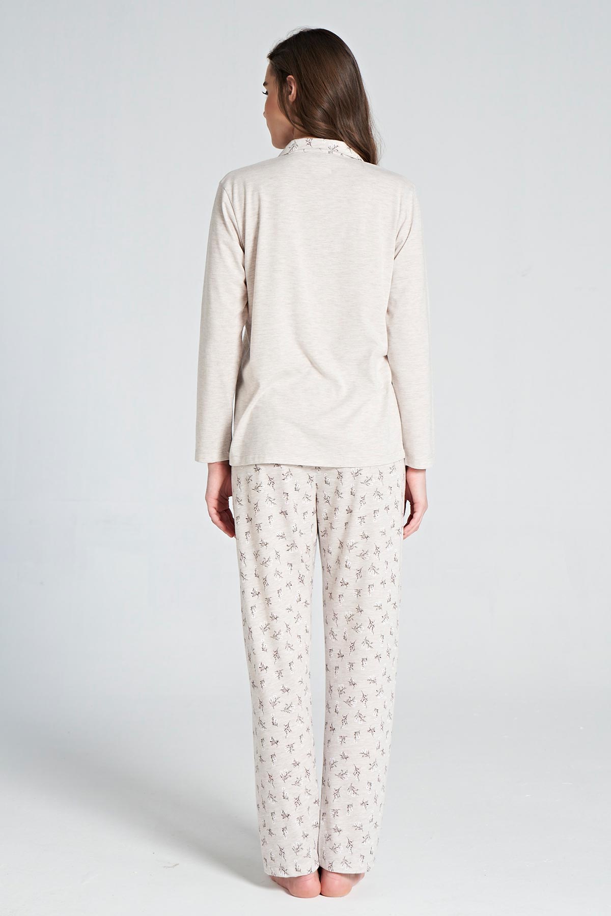Pınarca Kadın Pijama Takımı Uzun Kollu Gömlek Yaka  Çiçekli