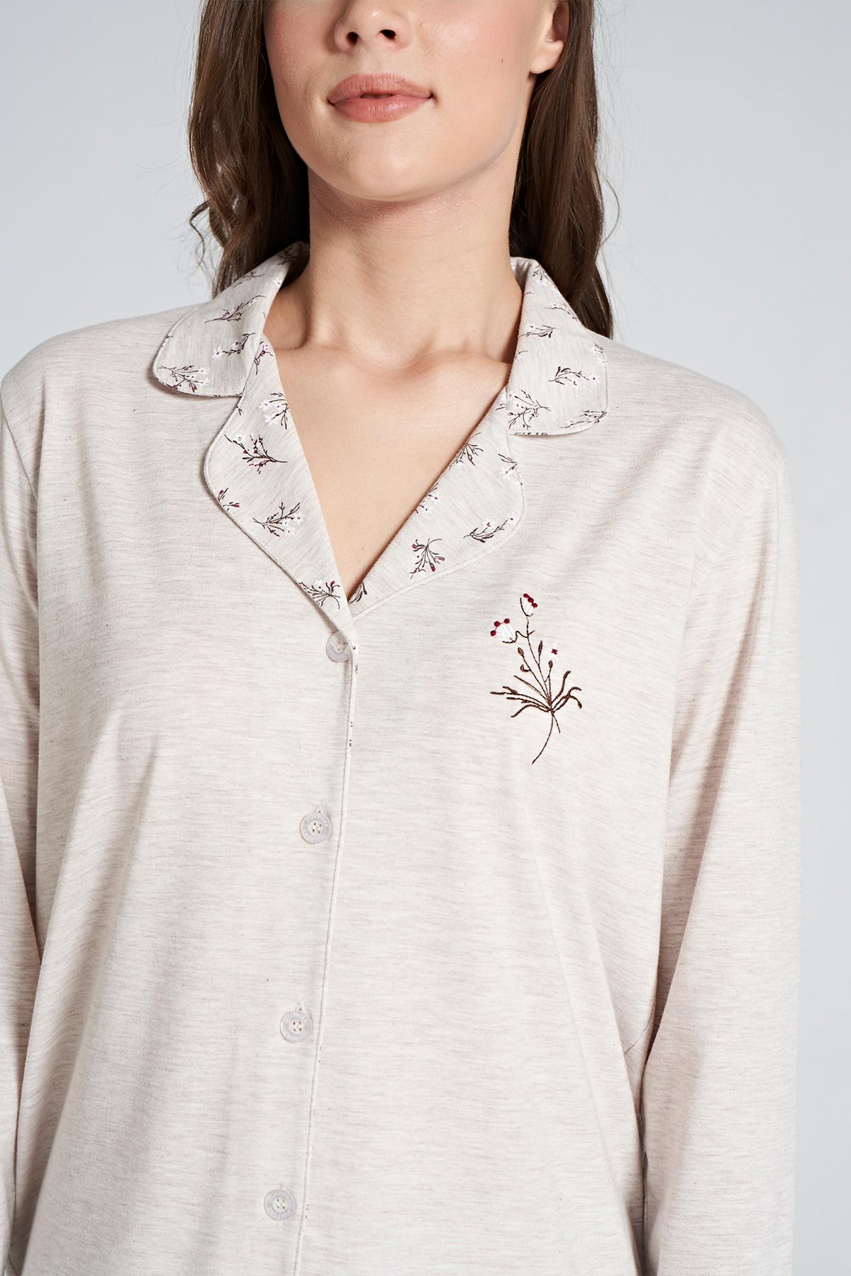 Pınarca Kadın Pijama Takımı Uzun Kollu Gömlek Yaka  Çiçekli