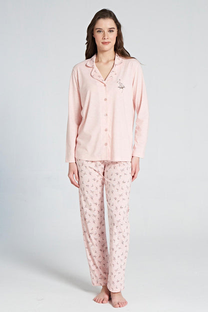 Pınarca Kadın Pijama Takımı Uzun Kollu Gömlek Yaka  Çiçekli