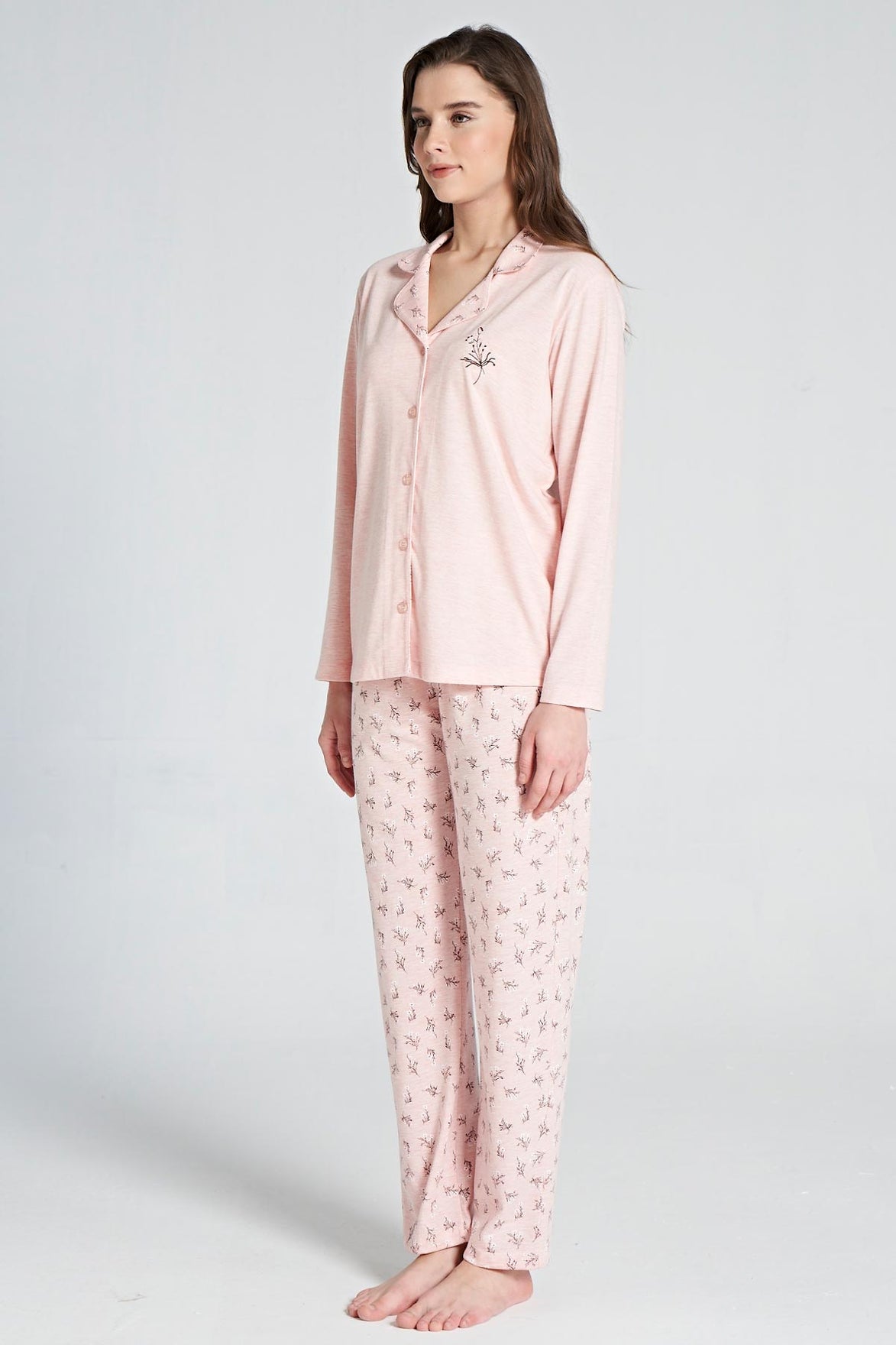 Pınarca Kadın Pijama Takımı Uzun Kollu Gömlek Yaka  Çiçekli