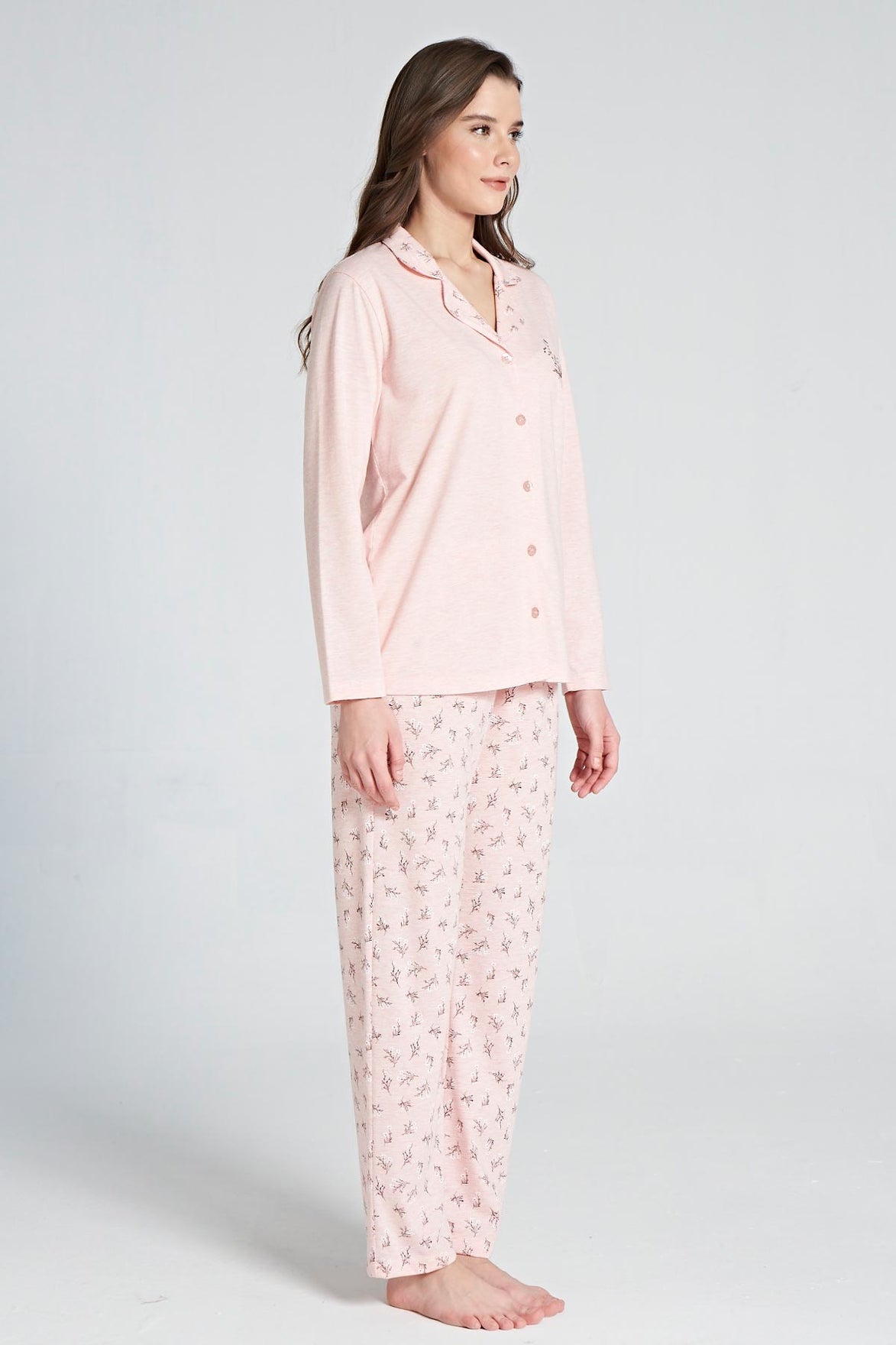 Pınarca Kadın Pijama Takımı Uzun Kollu Gömlek Yaka  Çiçekli