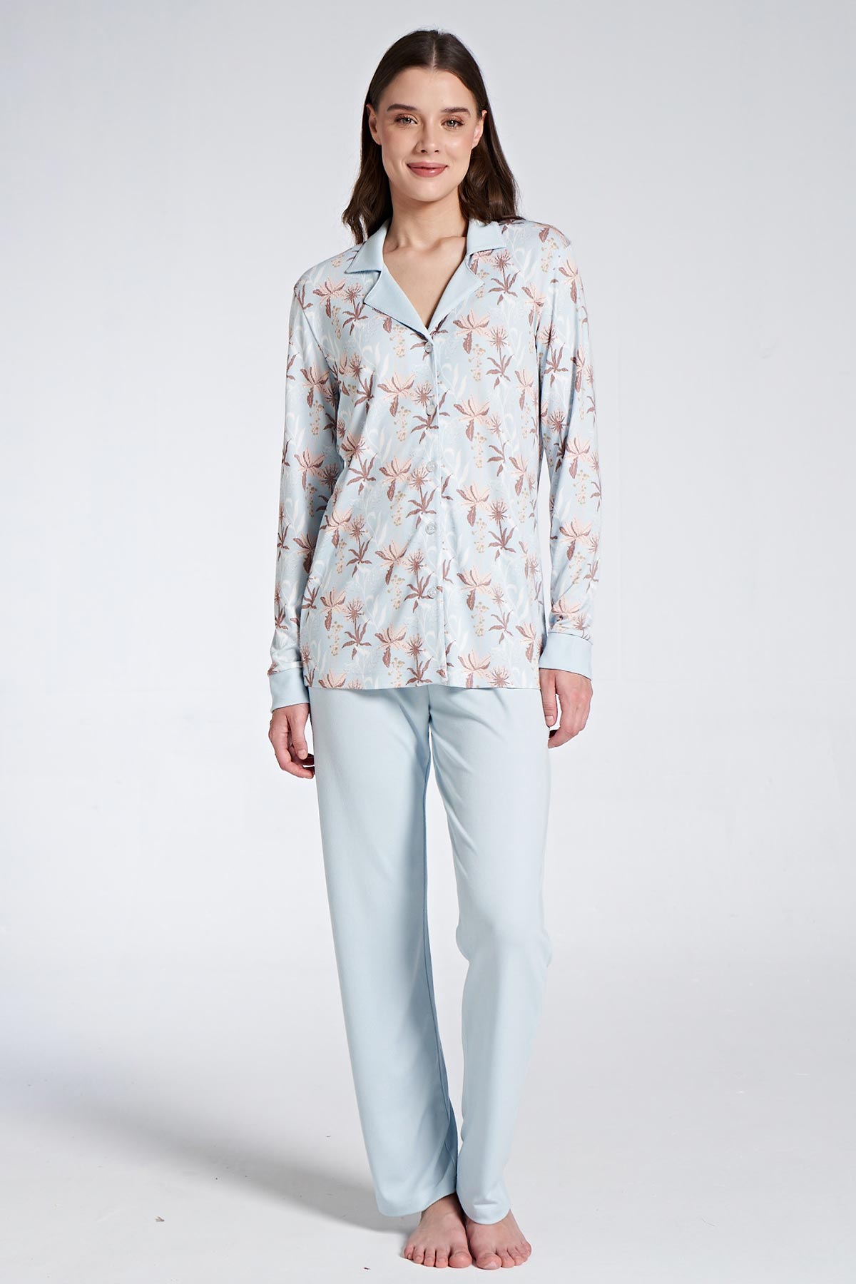 Pınarca Kadın Pijama Takımı Uzun Kollu Gömlek Yaka Çiçekli Büyük Beden