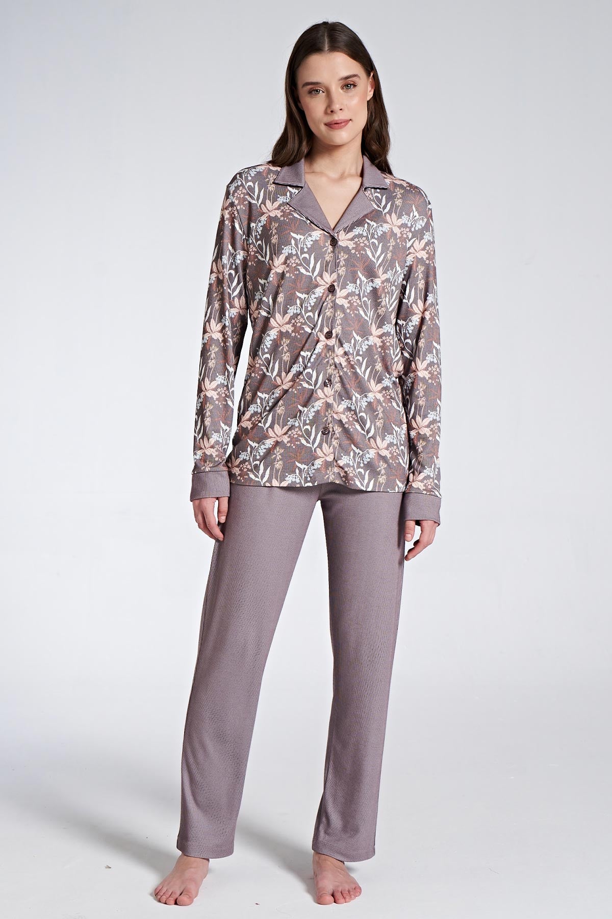 Pınarca Kadın Pijama Takımı Uzun Kollu Gömlek Yaka Çiçekli Büyük Beden