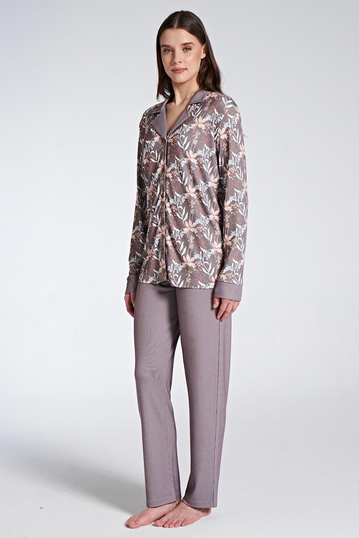 Pınarca Kadın Pijama Takımı Uzun Kollu Gömlek Yaka Çiçekli Büyük Beden