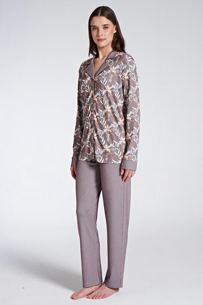 Pınarca Kadın Pijama Takımı Uzun Kollu Gömlek Yaka Çiçekli Büyük Beden