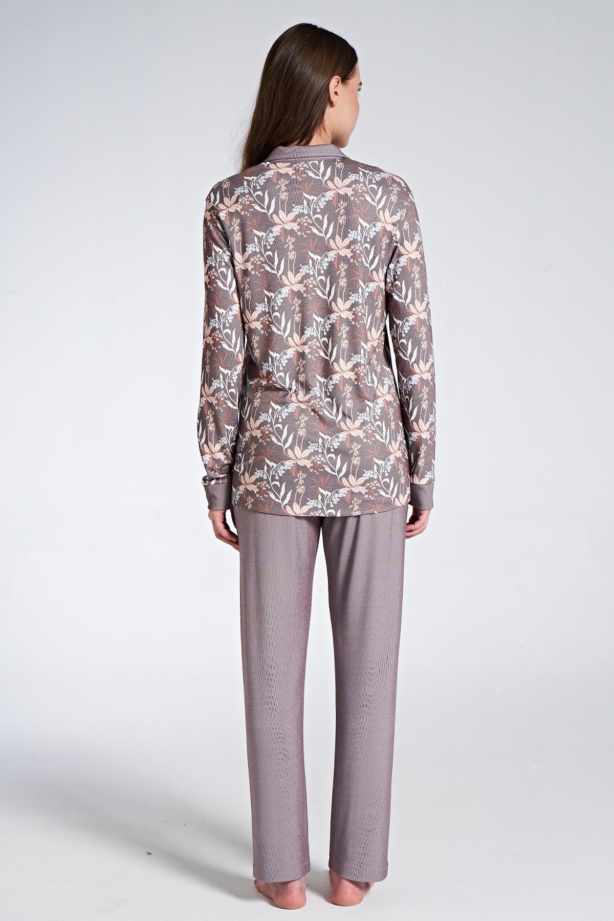 Pınarca Kadın Pijama Takımı Uzun Kollu Gömlek Yaka Çiçekli Büyük Beden