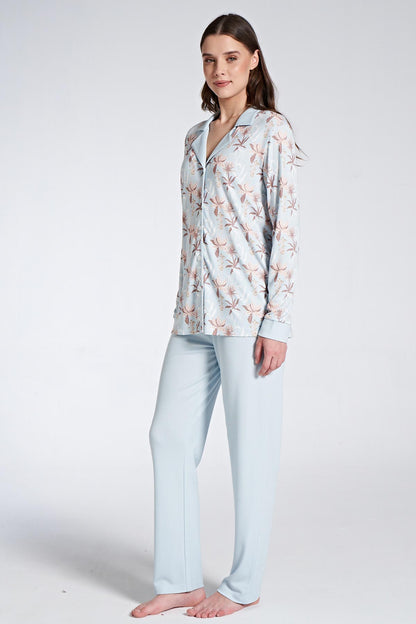 Pınarca Kadın Pijama Takımı Uzun Kollu Gömlek Yaka Çiçekli Büyük Beden