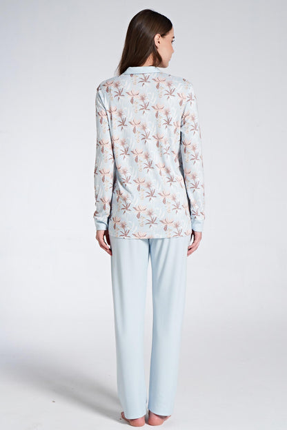 Pınarca Kadın Pijama Takımı Uzun Kollu Gömlek Yaka Çiçekli Büyük Beden