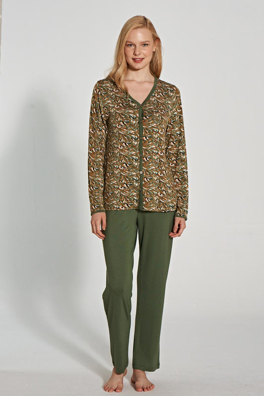 Pınarca Kadın Pijama Takımı Uzun Kollu Gömlek Yaka Desenli