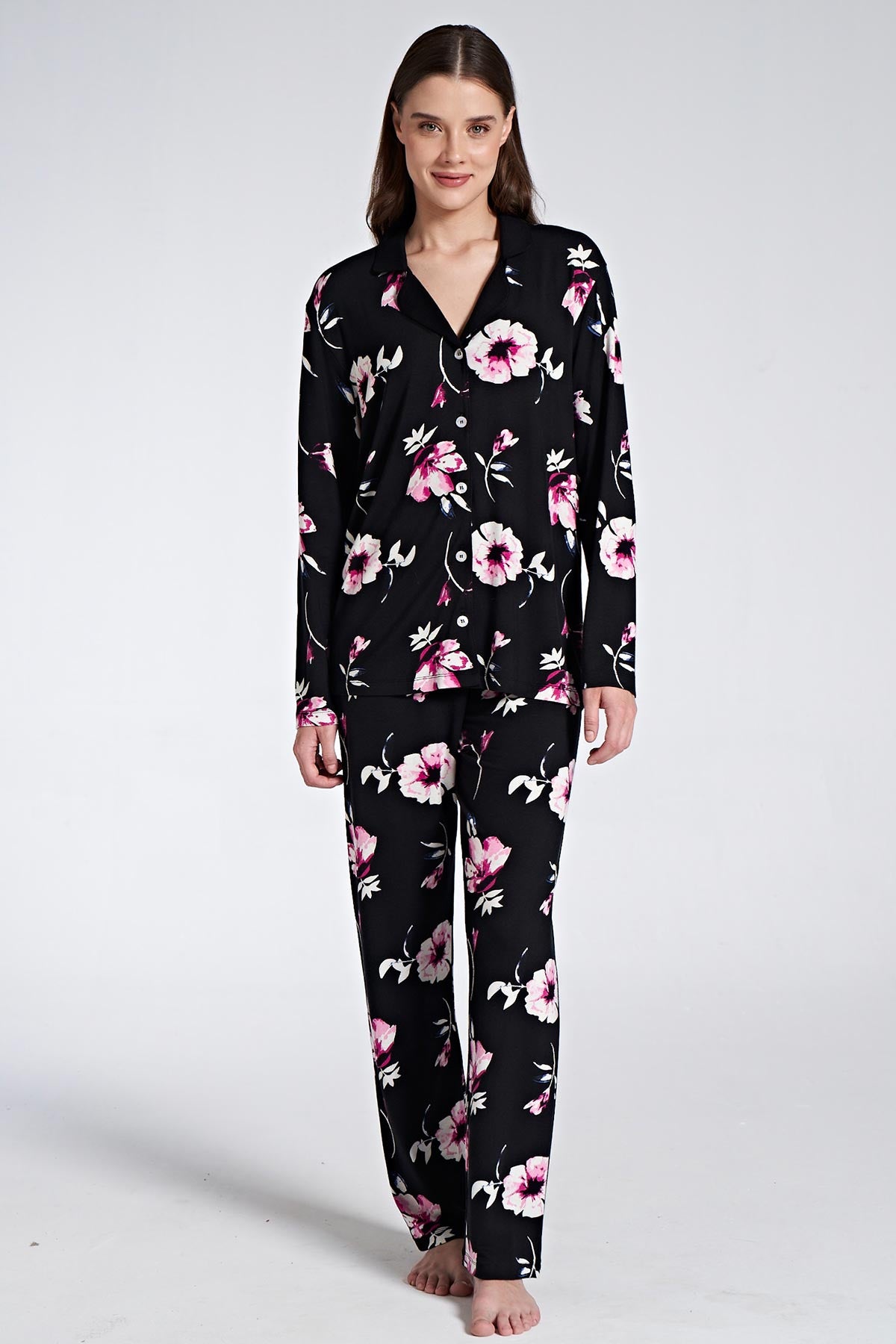 Pınarca Kadın Pijama Takımı Uzun Kollu Gömlek Yaka Düğmeli Çiçekli