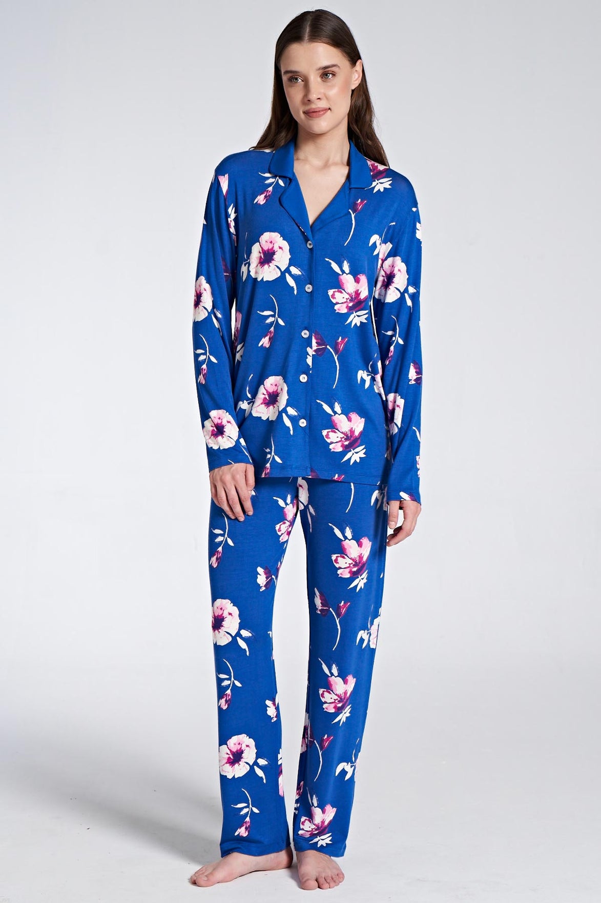 Pınarca Kadın Pijama Takımı Uzun Kollu Gömlek Yaka Düğmeli Çiçekli