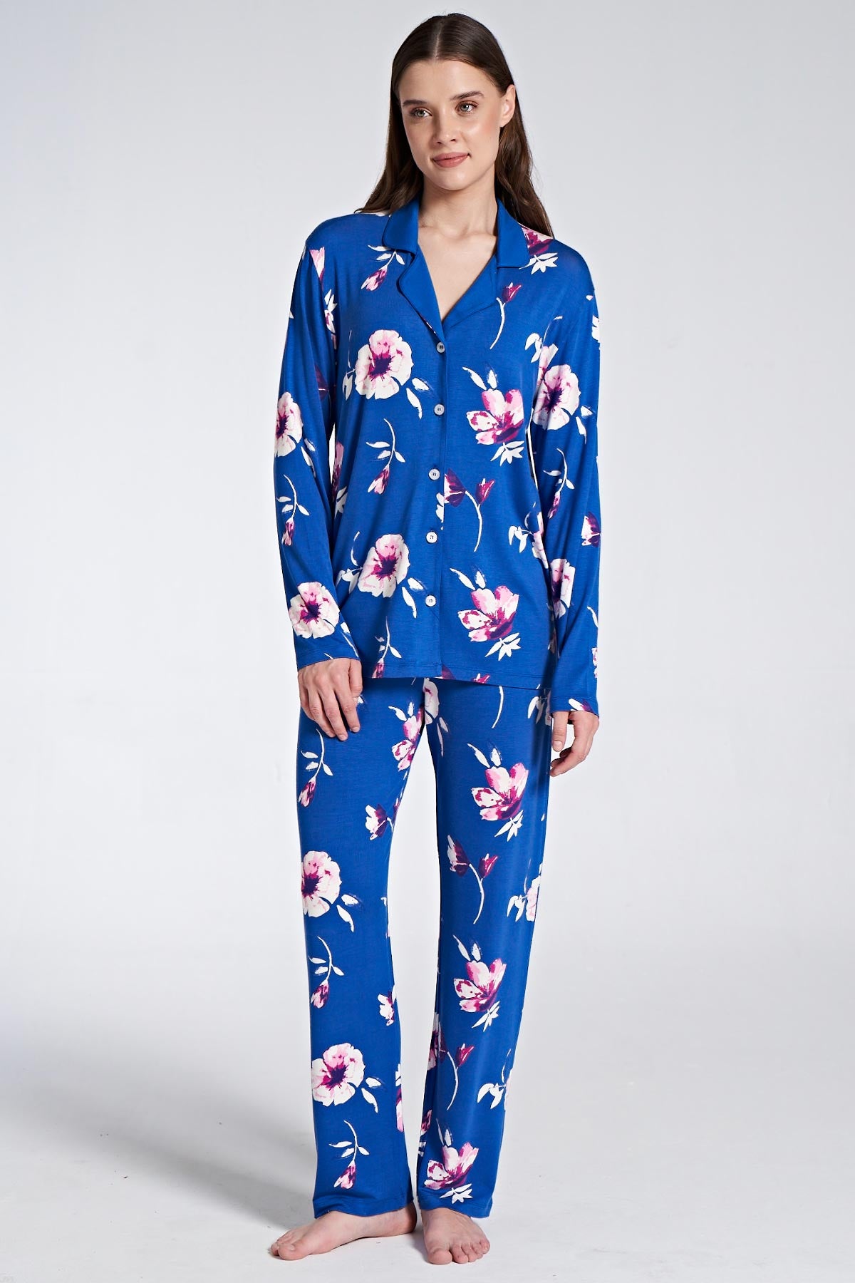 Pınarca Kadın Pijama Takımı Uzun Kollu Gömlek Yaka Düğmeli Çiçekli