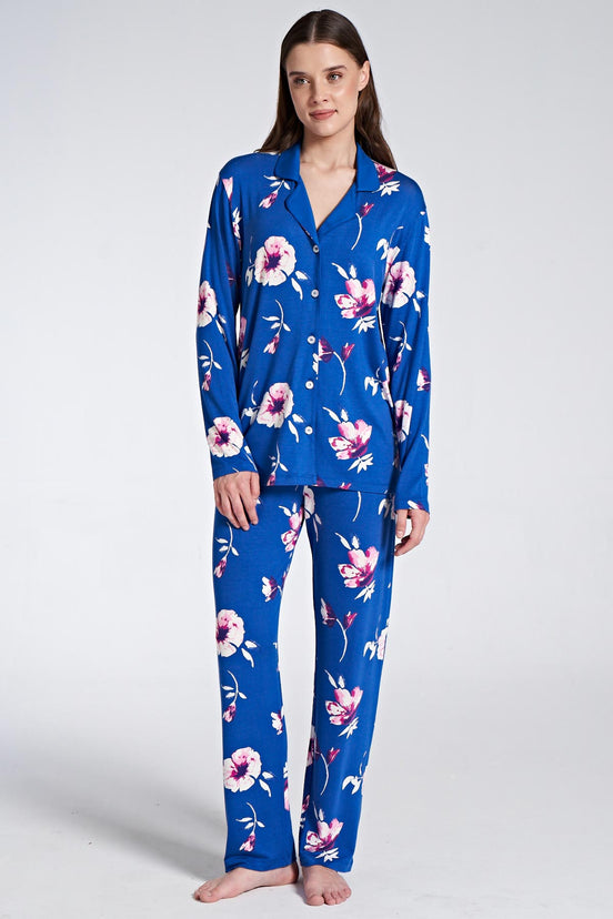 Pınarca Kadın Pijama Takımı Uzun Kollu Gömlek Yaka Düğmeli Çiçekli