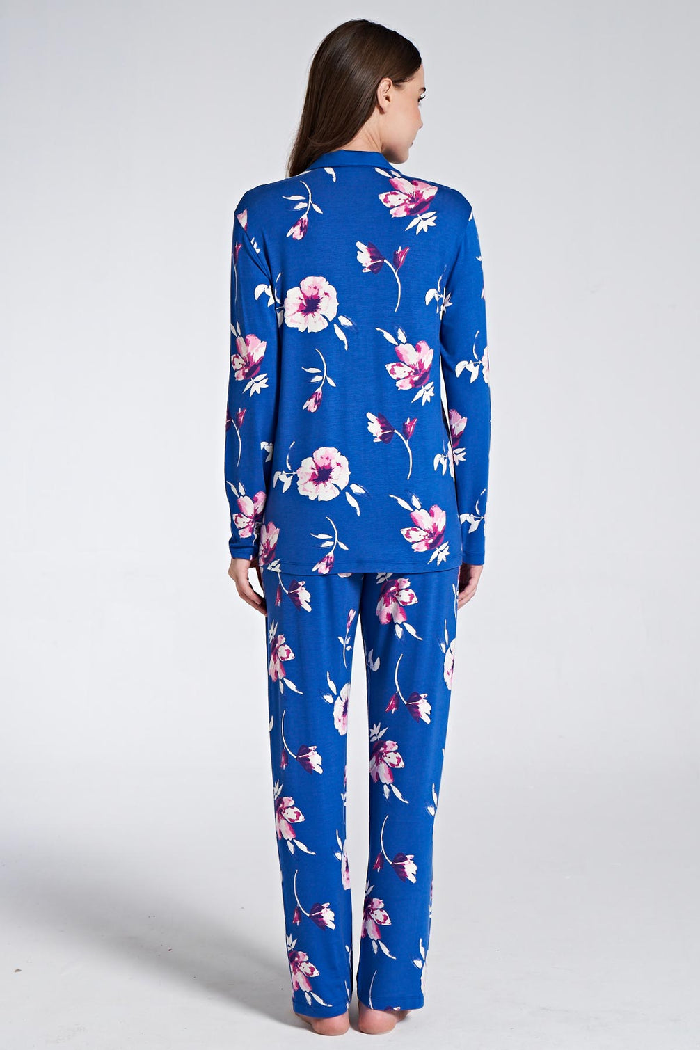 Pınarca Kadın Pijama Takımı Uzun Kollu Gömlek Yaka Düğmeli Çiçekli