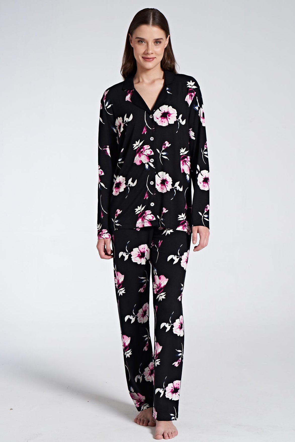 Pınarca Kadın Pijama Takımı Uzun Kollu Gömlek Yaka Düğmeli Çiçekli
