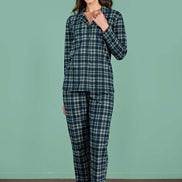 Pınarca Kadın Pijama Takımı Uzun Kollu Gömlek Yaka Ekoseli Pamuklu Eşli