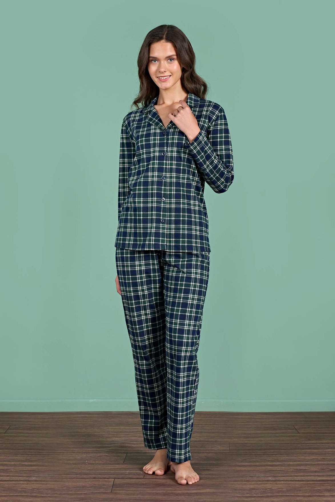 Pınarca Kadın Pijama Takımı Uzun Kollu Gömlek Yaka Ekoseli Pamuklu Eşli