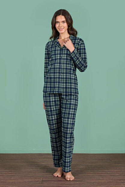 Pınarca Kadın Pijama Takımı Uzun Kollu Gömlek Yaka Ekoseli Pamuklu Eşli