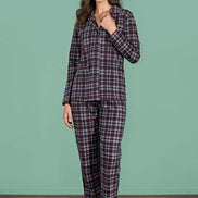 Pınarca Kadın Pijama Takımı Uzun Kollu Gömlek Yaka Ekoseli Pamuklu Eşli