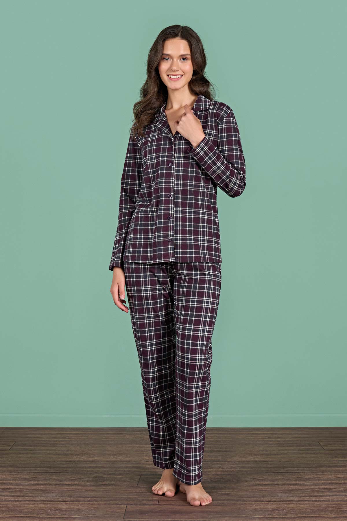 Pınarca Kadın Pijama Takımı Uzun Kollu Gömlek Yaka Ekoseli Pamuklu Eşli