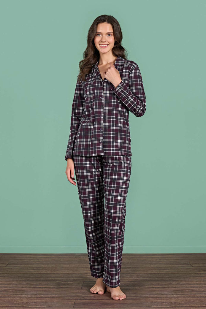 Pınarca Kadın Pijama Takımı Uzun Kollu Gömlek Yaka Ekoseli Pamuklu Eşli