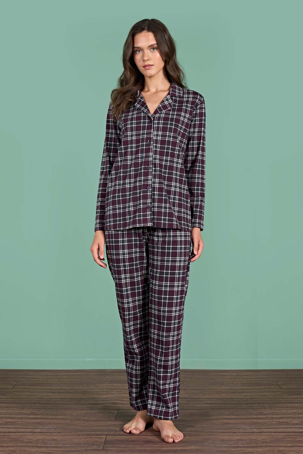 Pınarca Kadın Pijama Takımı Uzun Kollu Gömlek Yaka Ekoseli Pamuklu Eşli